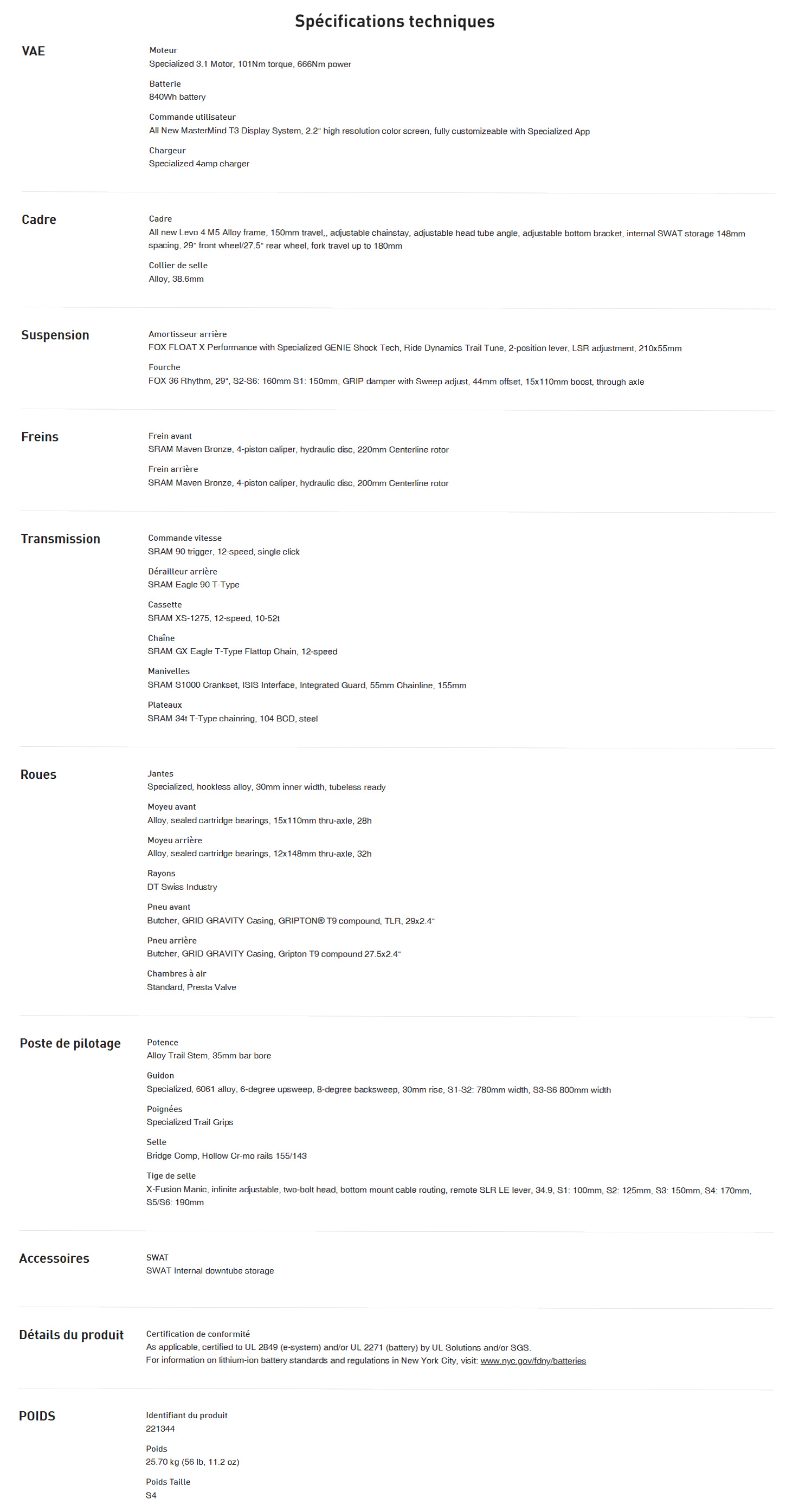 Caracteristique technique du Vélo électrique Turbo Levo 4 Comp Alloy année 2025